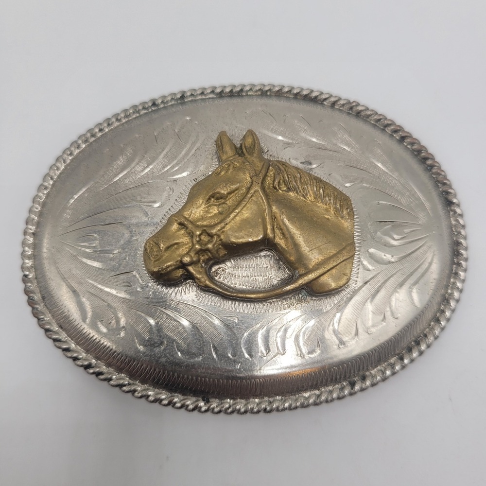 Horse Head Belt Buckle Mex Alpaca Silver Western Cowboy Rodeo Engraved Etched